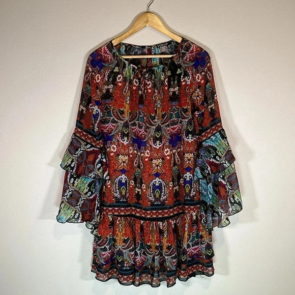 Venus Boho Print Ruffle Mini Dress Size XS Gypsy Hippie Summer Resortwear Vacay - Picture 3 of 7
